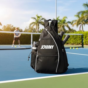 Personalized Pickleball Sling Bag: Black Racket Backpack