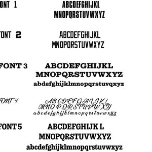 May include: Five different font styles are displayed in black text on a white background. The fonts are labeled "FONT 1", "FONT 2", "FONT 3", "FONT 4", and "FONT 5". Each font style displays the alphabet in uppercase and lowercase letters.