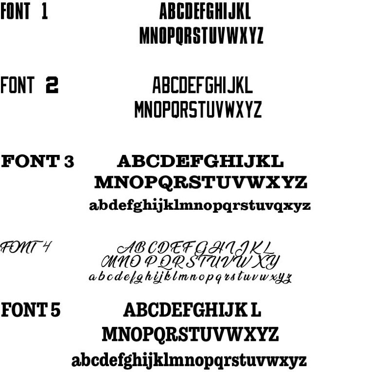 May include: Five different font styles are displayed in black text on a white background. The fonts are labeled "FONT 1", "FONT 2", "FONT 3", "FONT 4", and "FONT 5". Each font style displays the alphabet in uppercase and lowercase letters.