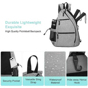 The image is a collage of four photographs showcasing different features of a backpack, including a security pocket, versatile sling strap, waterproof material, and a hidden hook.