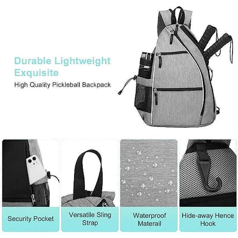 The image is a collage of four photographs showcasing different features of a backpack, including a security pocket, versatile sling strap, waterproof material, and a hidden hook.
