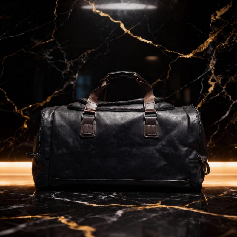 Weekender duffle bag against a luxury marble background.