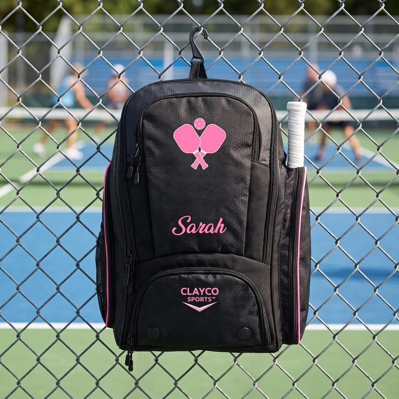 pickleball bag hanging up by fence hook