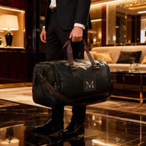 Groomsmen gift of a leather duffel bag monogrammed with their name.