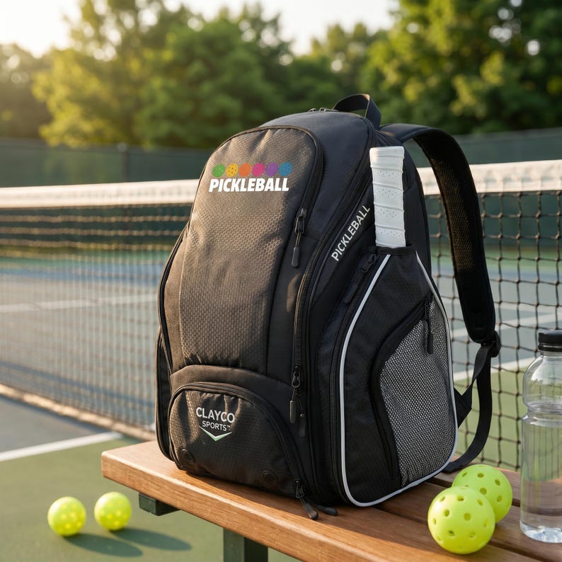 May include: A black backpack with a white Pickleball logo and colourful circular icons on the front. The bag features a side pocket holding a white paddle handle, a Clayco Sports logo on the lower front pocket, and mesh side panels with white trim.