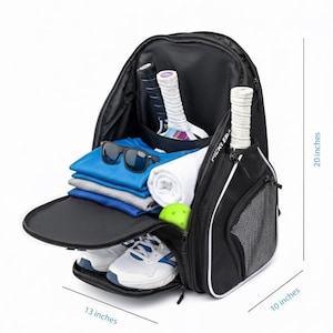 A large spacious pickleball backpack with lots of storage. A shoe compartment, paddle holders, and plenty of room.