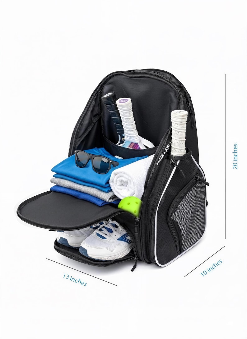 A large spacious pickleball backpack with lots of storage. A shoe compartment, paddle holders, and plenty of room.