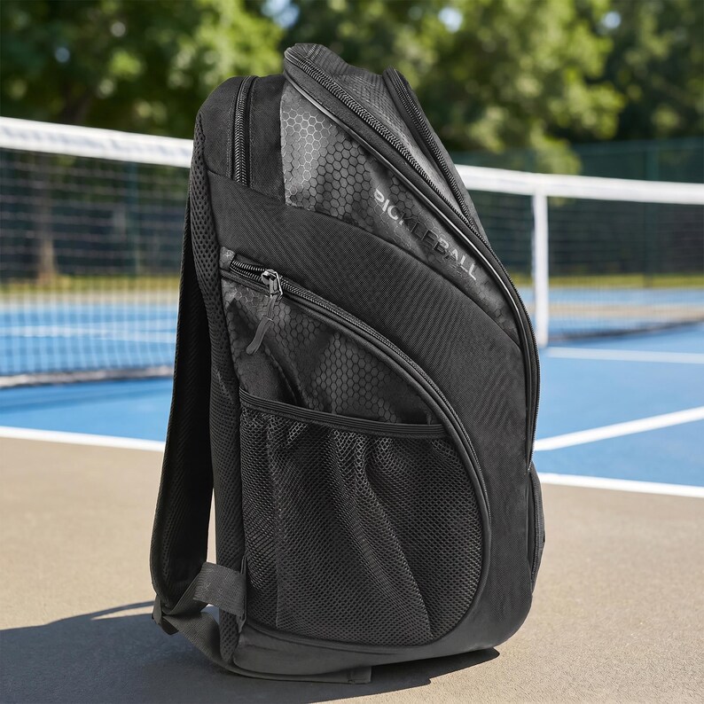 May include: A black backpack featuring a textured hexagonal pattern on the upper section and the word PICKLEBALL printed in white. The bag includes multiple zippered compartments, a side mesh pocket, and adjustable shoulder straps for carrying.