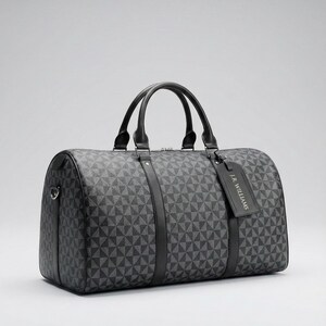 A black and gray patterned duffel bag with two handles and a tag.