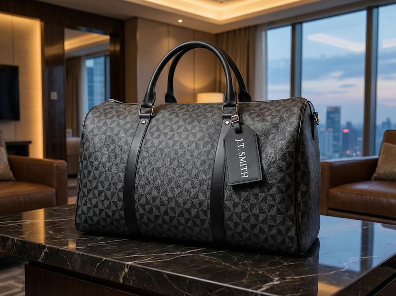 A black duffel bag with a geometric pattern sits on a marble countertop in a hotel room, with a city skyline visible through the window.