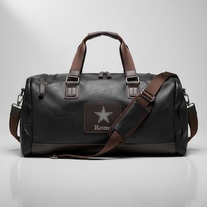 Customized vegan leather duffel bag engraved with a logo.