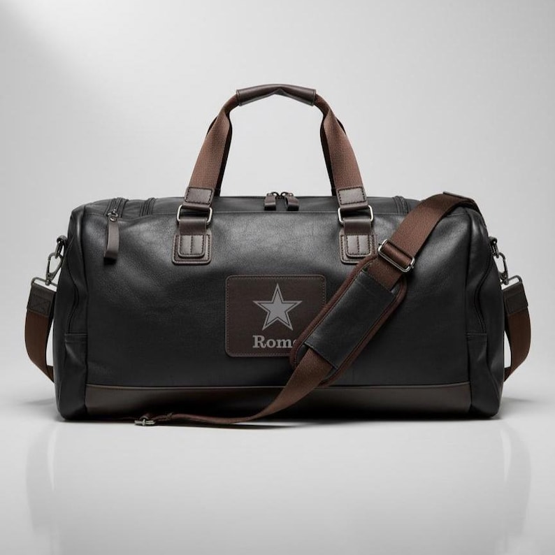 Customized vegan leather duffel bag engraved with a logo.