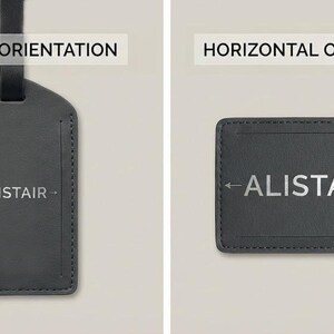 two black luggage tags with different orientations, labeled "Vertical Orientation" and "Horizontal Orientation".