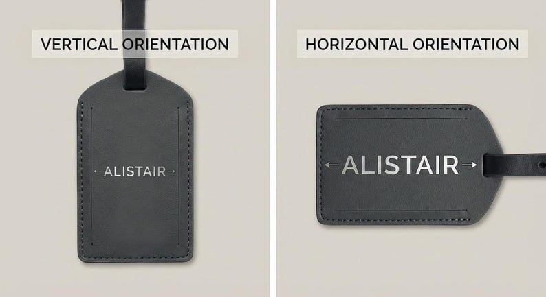 two black luggage tags with different orientations, labeled "Vertical Orientation" and "Horizontal Orientation".