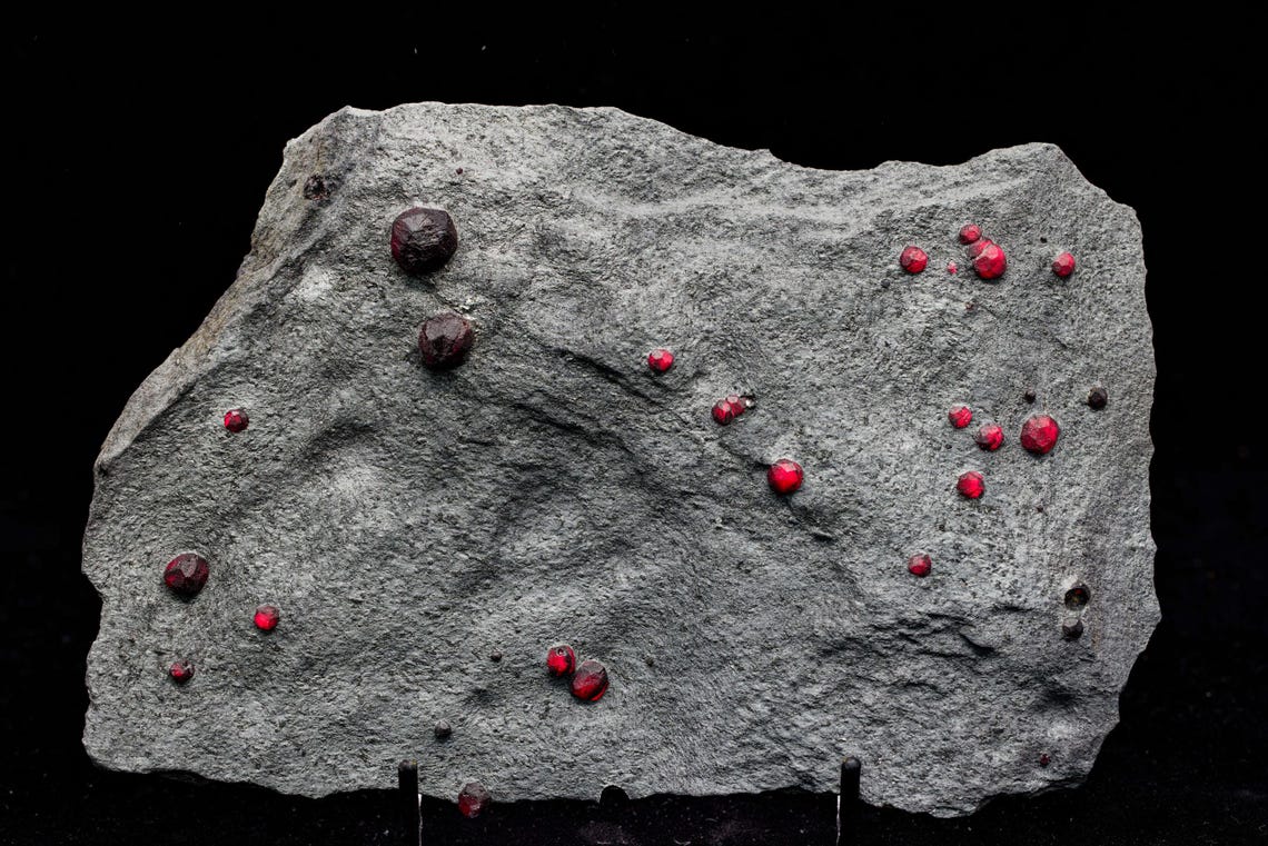 Almandine Garnet with Graphite and Dravite, Red Embers Mine Massachusetts, 150 g, 16 x 9 x 1 cm | Large Cabinet