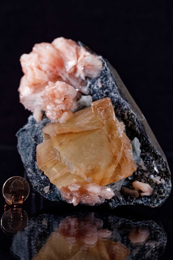 Honey Calcite with Stilbite and Apophyllite in Matrix, view 2