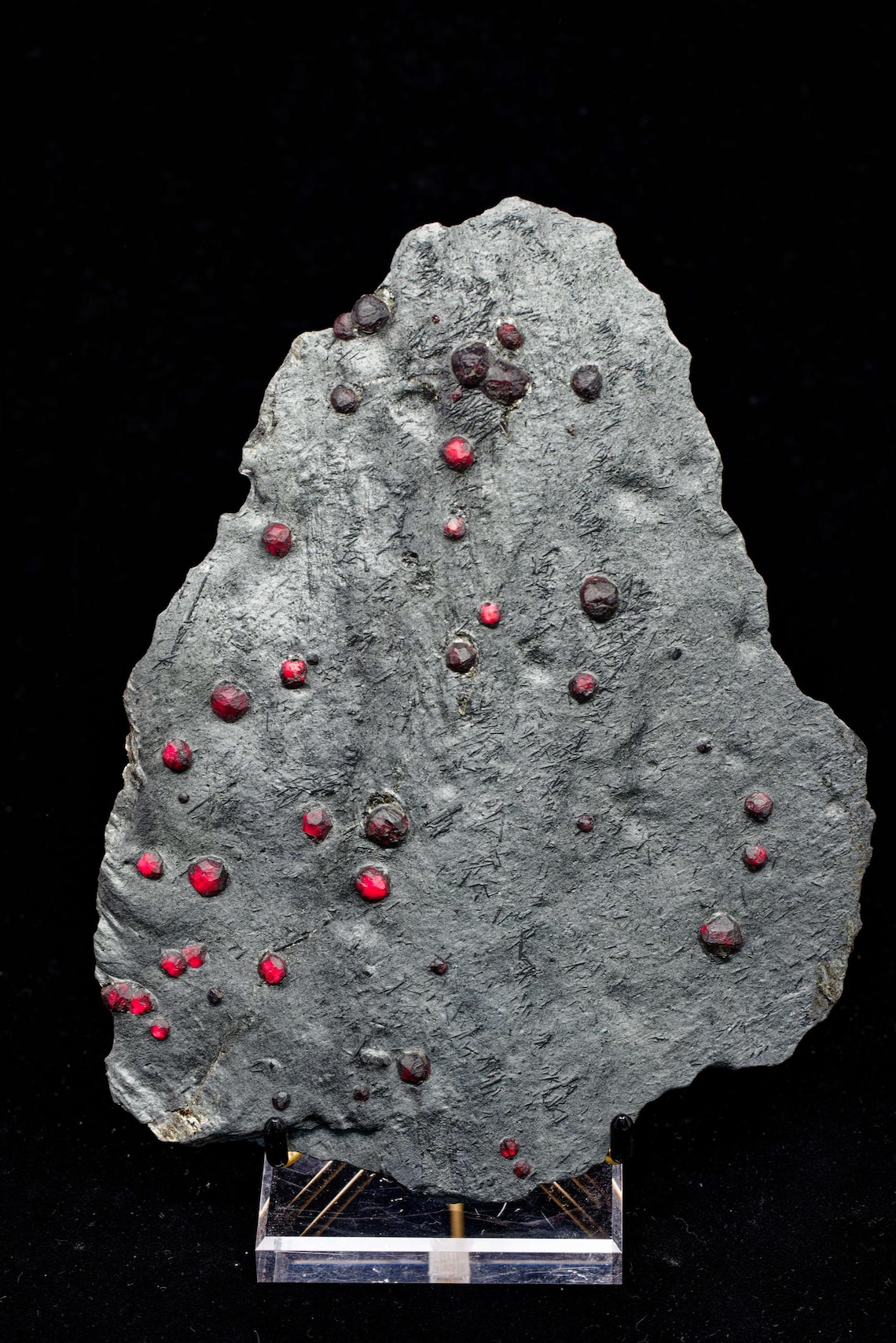 Almandine Garnet with Graphite and Dravite, Red Embers Mine Massachusetts, 385 g, 22 x 17 x 1 cm | Statement Piece | Large Cabinet