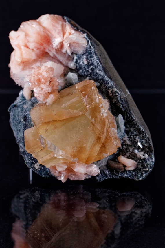 Honey Calcite with Stilbite and Apophyllite in Matrix, view 5