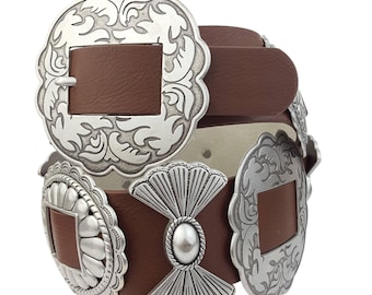 Fully Packed Concho Wide Western Belt - 2 Inch, 9 Conchos, Brown Leather Look Cowgirl Belt, Southwestern Statement Belt