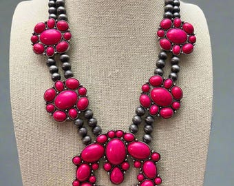 Faux Pink Squash Blossom Necklace on Double Strand Pearls -  18 inch necklace