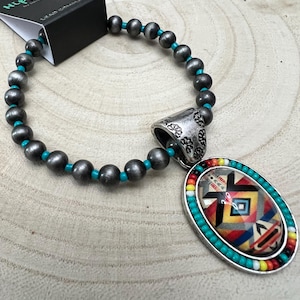 Aztec Pendant with Seed Bead and Faux Pearl and Turquoise Stretch Bracelet