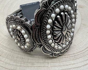 Western Concho and White Stone Faux Wide Statement Stretch Bracelet