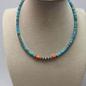 4mm Sterling Pearls, Variscite Turquoise and Spiny Oyster - The Vibrant 14 inch Choker