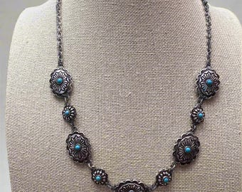 Linked Concho and Faux Turquoise Necklace - 18 inch + 3
