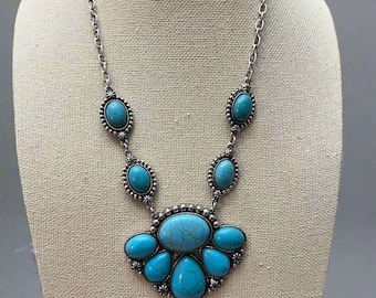 Faux Turquoise Squash Blossom and Earring Set - 18 inch necklace