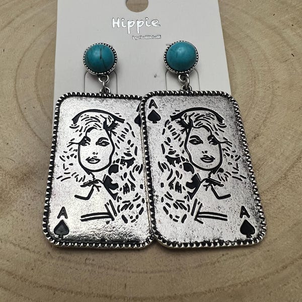 Dolly Card Theme Dangle Earrings with Turquoise Stone - 2 1/2 inch drop