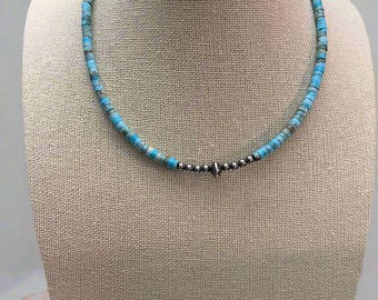 Variscite Turquoise & Sterling Saucer Accent Bead Choker - 14 inch