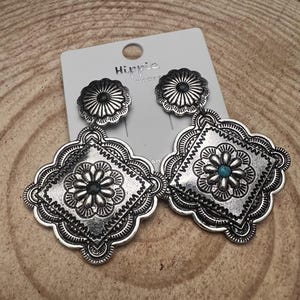 Western Concho Dangle Earrings with multi color stones - 2 1/2 inch drop