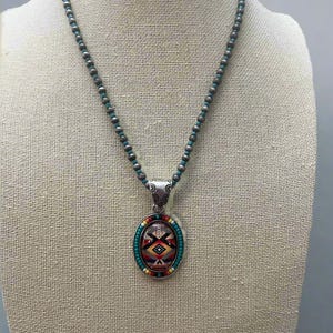 Aztec Pendant with Faux Pearls and Seed Beads - 16 inch necklace