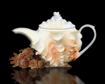 Seashore's Delight Tridachna Teapot: ocean tea black bone china pinkish Burning Sand Pinkish Tan Dark Salmon Petite Orchid chrysanthemum