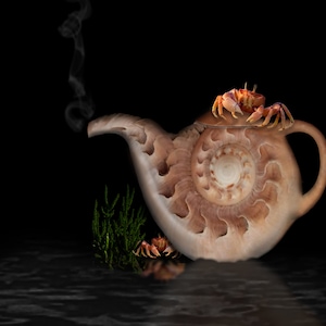 May include: A teapot shaped like a seashell with a spiral pattern. Two small red crabs are perched on the lid and spout. Smoke is rising from the teapot.
