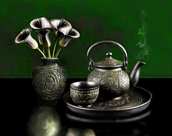 Salvadoran Teapot with Black Lilies: teacup, tray, calla lilies, silver, green, white, Guatajiagua, mayan, women, Nacascolo seed, Mayan