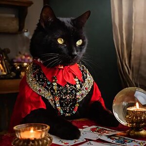 May include: A black cat wearing a red and jeweled collar and cape, surrounded by tarot cards, candles, and a crystal ball. The cat has yellow eyes and a serious expression, suggesting a fortune-telling theme. The scene is set on a red surface.