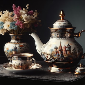 May include: A white porcelain teapot with gold accents and a painted scene of a Russian city. The teapot has a matching lid and a gold handle. The teapot is sitting on a black surface next to a white porcelain teacup and saucer. A vase with a floral arrangement is in the background.