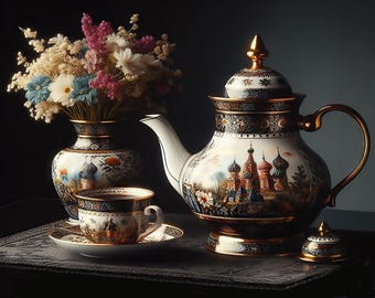 May include: A white porcelain teapot with gold accents and a painted scene of a Russian city. The teapot has a matching lid and a gold handle. The teapot is sitting on a black surface next to a white porcelain teacup and saucer. A vase with a floral arrangement is in the background.