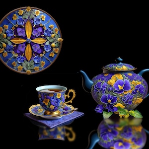 Könnte beinhalten: Ein blaues und goldenes Teekannen- und Teetassen-Set mit Blumendesigns. Die Teekanne hat einen runden Körper und einen Ausguss an der Seite. Die Teetasse hat eine Untertasse mit einem Blumendesign. Der Hintergrund ist schwarz.