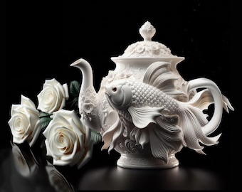 White Fantail Goldfish Teapot with Roses: black, white, green, garden, carved, open, edition, print, basrelief, flowers, white roses