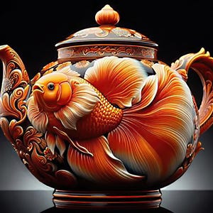 May include: A ceramic teapot featuring a detailed design of an orange and white goldfish. The teapot has a black background with intricate floral patterns.