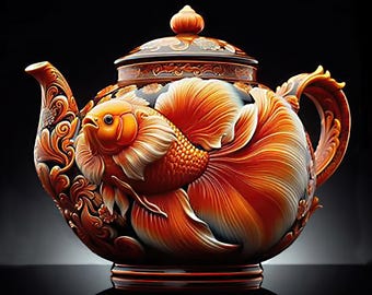 Goldfish Teapot with Traditional Colors- Goldfish, teapot, tea time, aquarium, water, gold, red, yellow, black, orange, white, Open edition