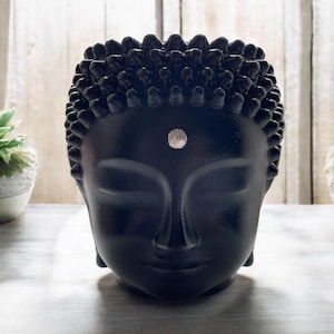 May include: Black Buddha head planter with a white dot on the forehead. The planter is made of ceramic and has a smooth, matte finish.