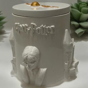 Könnte beinhalten: Weiße Keramikdose mit Harry-Potter-Motiv und einem goldenen Schnatz auf dem Deckel. Die Dose zeigt ein 3D-Bild von Harry Potter und Hogwarts.