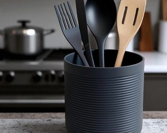 Modern ribbed kitchen utensil holder pot | plastic countertop utensil organizer