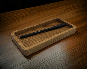 Wooden Desk Tray for Pens, Paperclips, Ear Pods, Pencils etc. Rectangle Wood Tray Office Accessory Catch All Tray in Oak 9cm x 18cm.