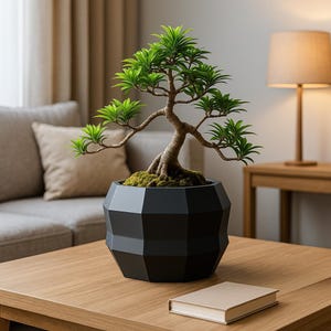 May include: A bonsai tree with green leaves and a brown trunk sits in a black geometric pot. The pot is on a wooden table, with a closed book in front of it. A lamp and a sofa are in the background.