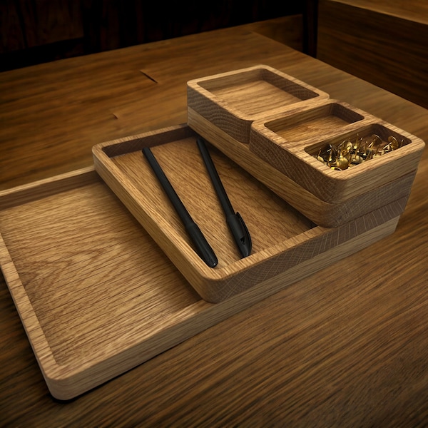 Wooden Desk Tray for Pens, Paperclips, Ear Pods, Pencils etc. Rectangle Wood Tray Office Accessory Catch All Tray in Solid Oak Various Sizes