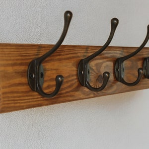 Handmade Vintage Wooden Coat Rack Cast Iron Hooks in Dark Oak Jacobean Clear Wax